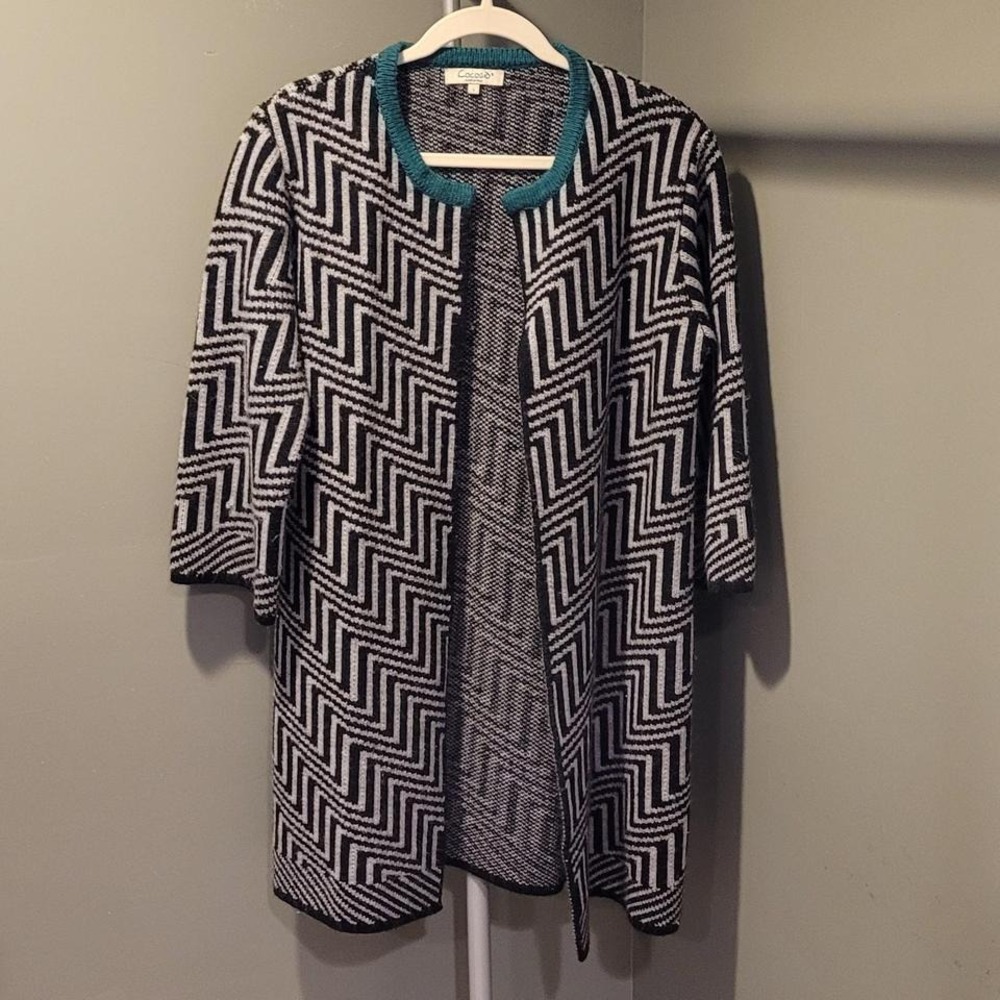 Cocogio Open Front Zig Zag Long Wool Blend Cardigan, Size L, Gray Black Teal